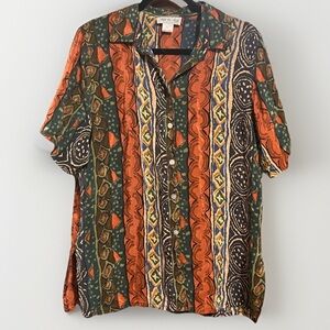 100% Silk Vintage Tribal Patterned Mother Of Pearl Button Up Shirt Women’s XL